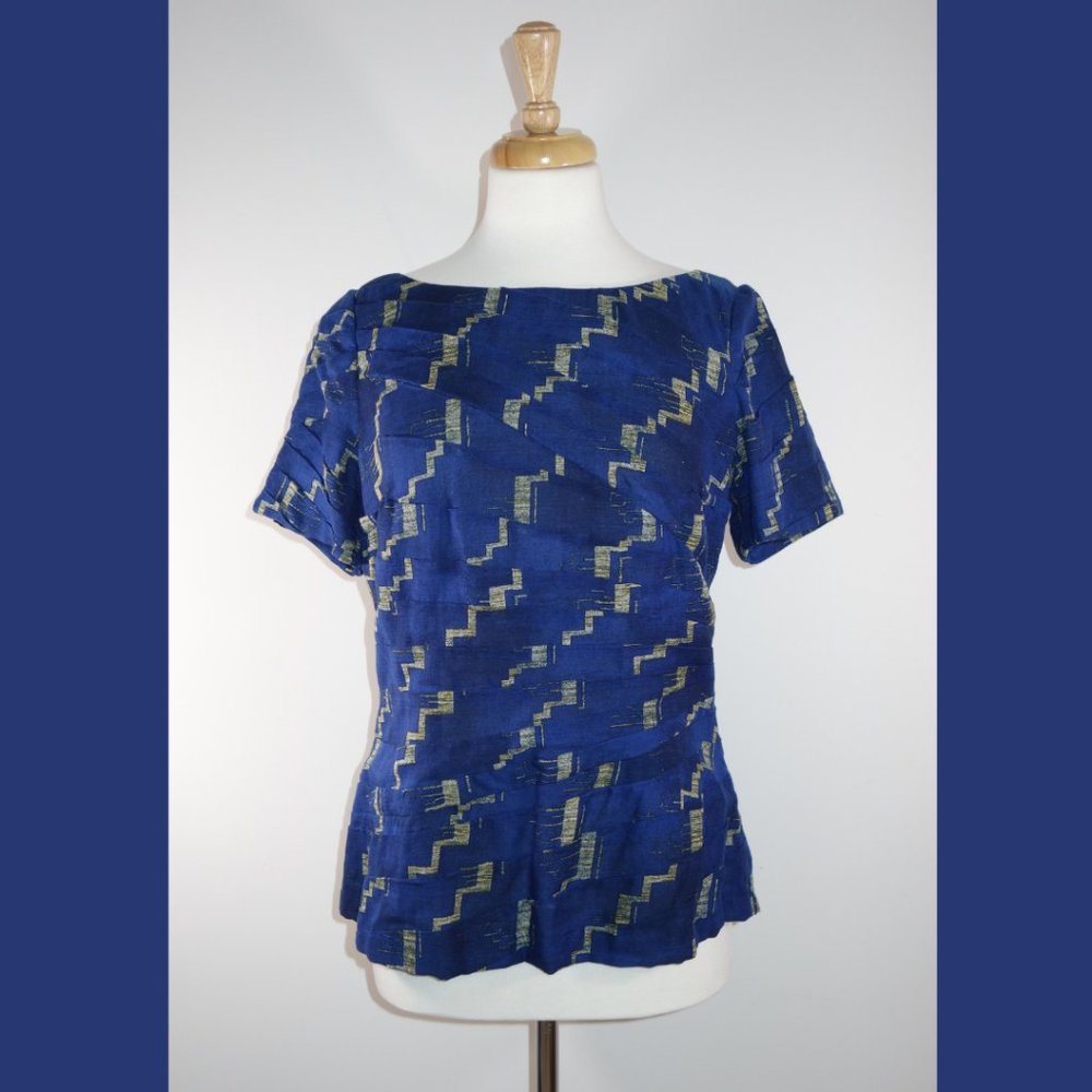 Tracy Reese Blue Back Zip Printed Top - Size 12